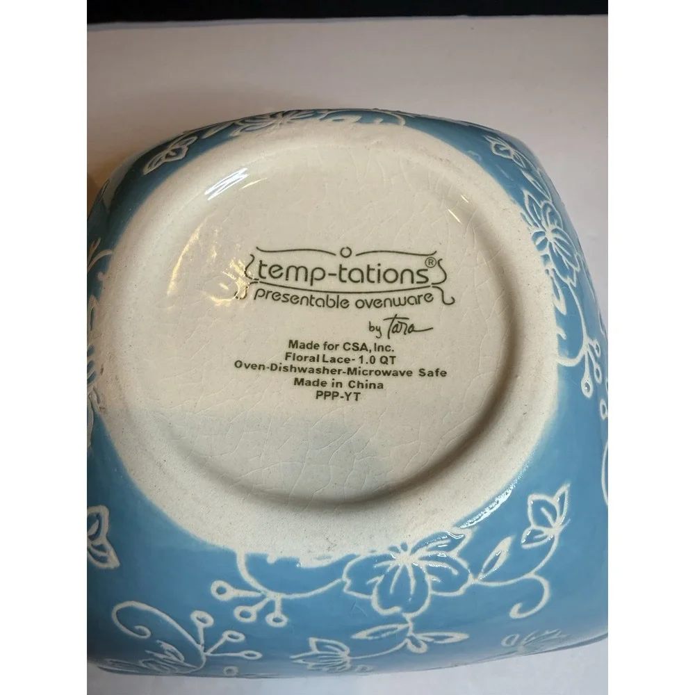 Temp-tations by Tara Floral Lace Blue Square Nesting Bowls Set 1 & 1.5 Qt